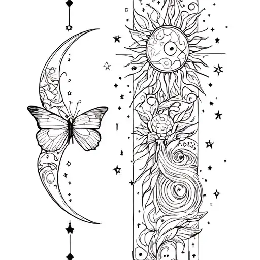 Vertical Tattoo Moon Sun Butterfly And Constellation Gemini Aquarius And Astrological Sign Cancer