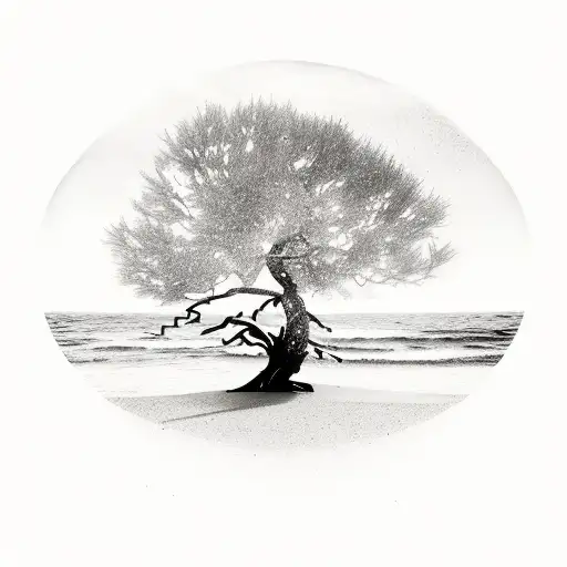 A Black-grey Tattoo Of A Photo Album Opening To Reveal A Beach Scene With A Lone Tree
