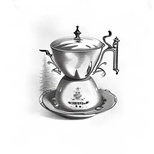 A Detailed Sketch Of A Vintage Italian Coffee Maker Surrounded By Pine Trees