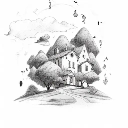 A Sketch Style Tattoo Of A Country Landscape With Music Notes Floating In The Sky
