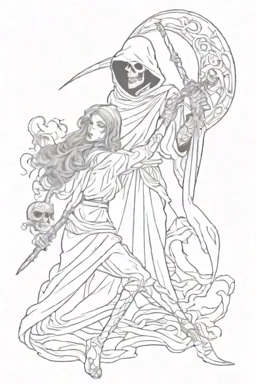 A Woman Defeating The Grim Reaper Holding