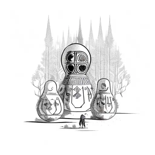 An Orphan Child Holding A Matryoshka Doll In A Forest Clearing With Military Tanks In The Background