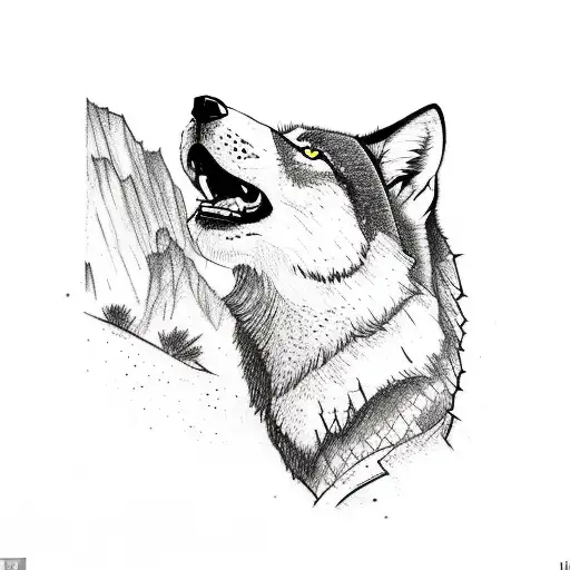A Sketch Style Tattoo Of A Wolf Howling In A Texas Desert Setting With Cacti And A Mountain Backdrop