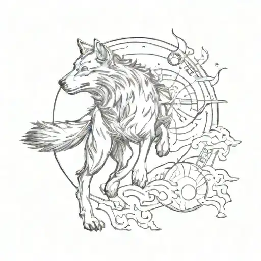 Wolf Running Alongside Sun And Moon