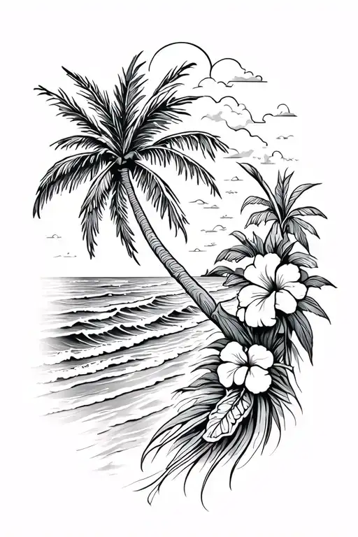 Beach With Ocean Waves Crashing With Palm Tree And Hibiscus On The Right Side