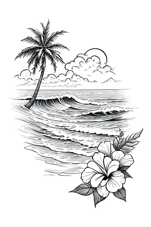 Beach With Ocean Waves Crashing With Hibiscus On The Right Side And Palm Tree On The Left