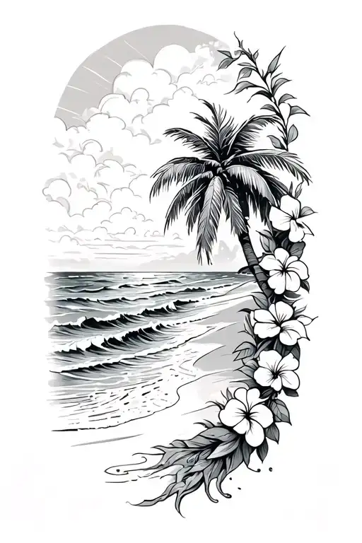 Beach With Palm Tree And Ocean Waves Crashing With Hibiscus Vine On The Right Side