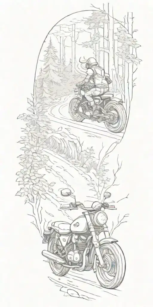 A Sketch Of A Motorcycle Riding Through A Forest With Mythical Creatures In The Background