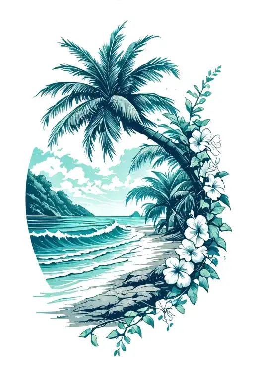 Island Beach With Palm And Ocean Waves Crashing With Hibiscus Vine