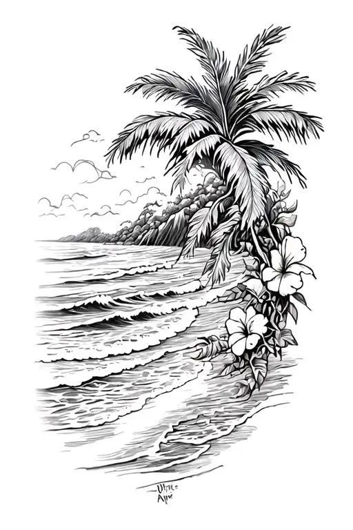 Ocean Waves Crashing On Island Beach With Palm And Hibiscus Vine