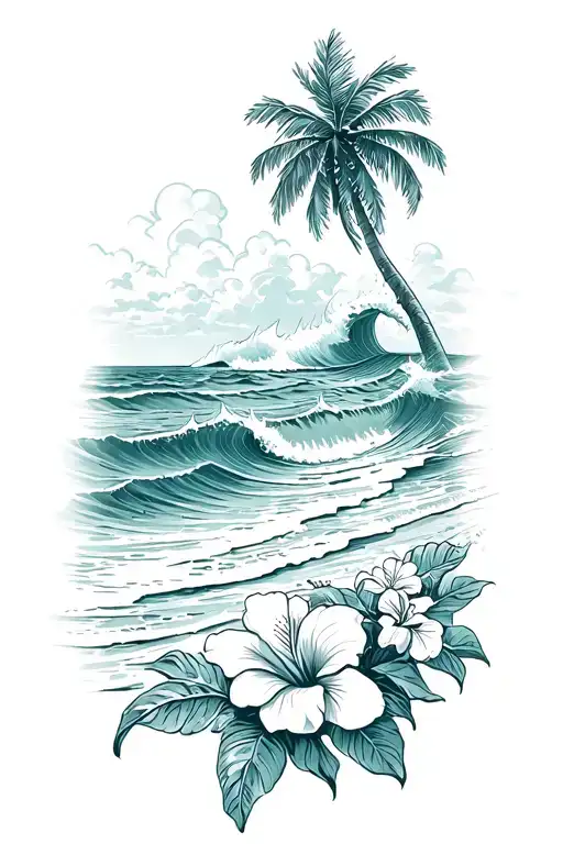 Ocean Waves Crashing On Beach With Palm And Hibiscus Vine On Bottom Right