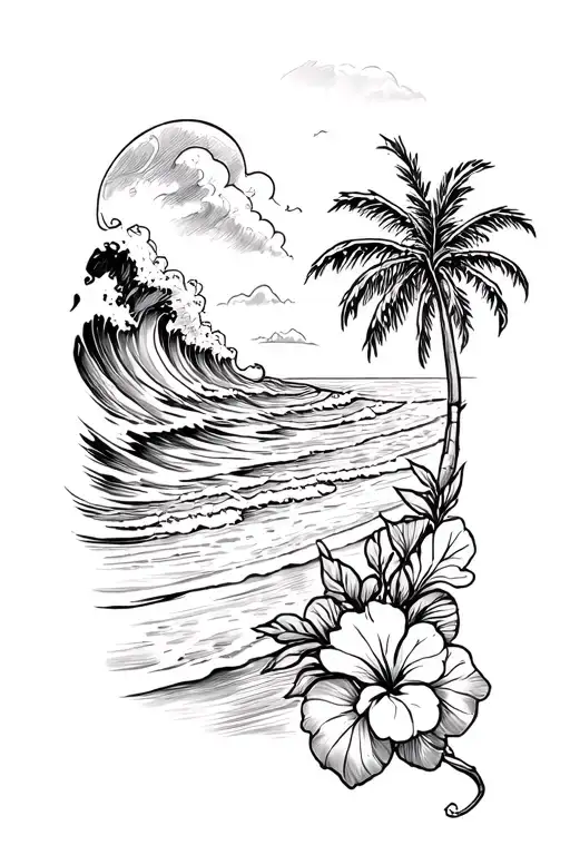 Ocean Waves Crashing On Beach With Palm And Hibiscus Vine On Bottom Right