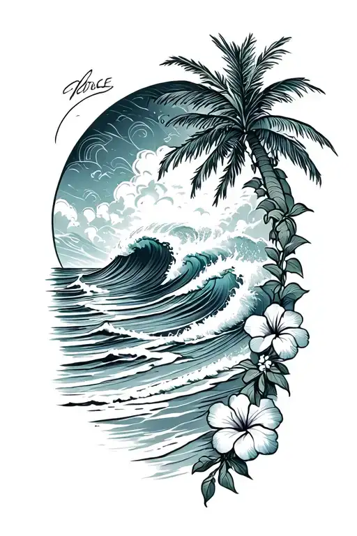 Ocean Waves Crashing On Beach With Palm And Hibiscus Vine On Bottom Right