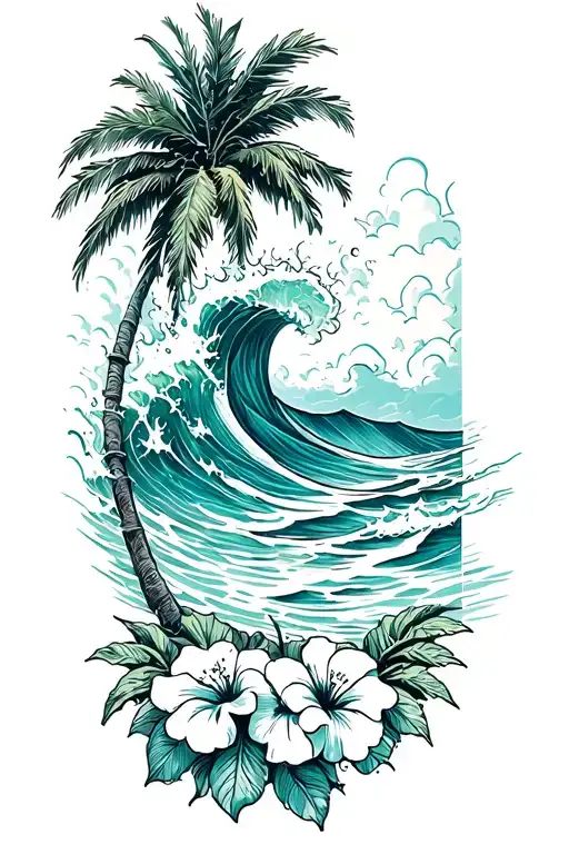 Ocean Waves Crashing On Beach With Palm And Hibiscus Vine On Bottom Right
