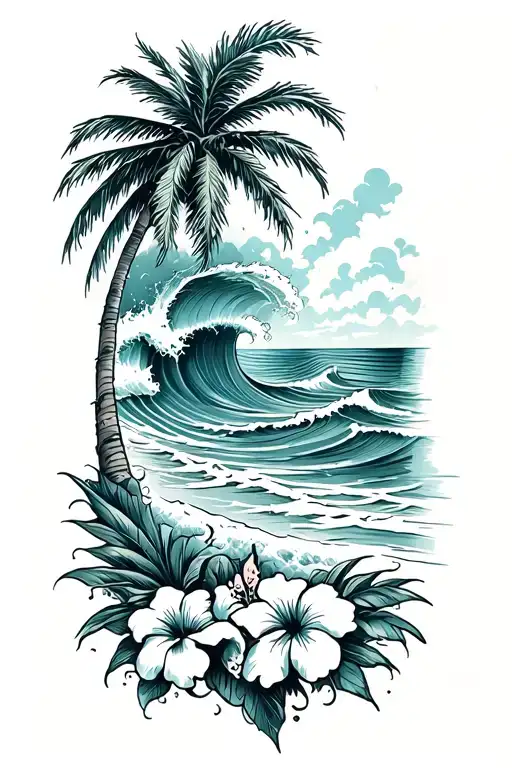 Ocean Waves Crashing On Beach With Palm And Hibiscus Vine On Bottom Right