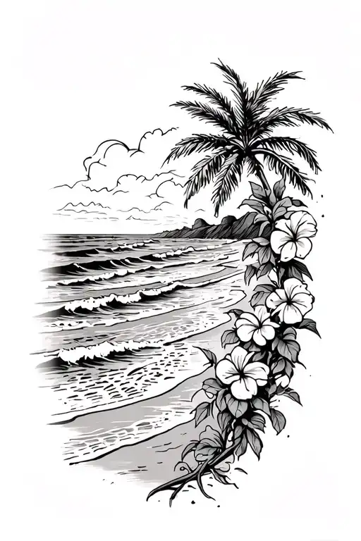 Ocean Waves On Beach With Palm And Hibiscus Vine On Right