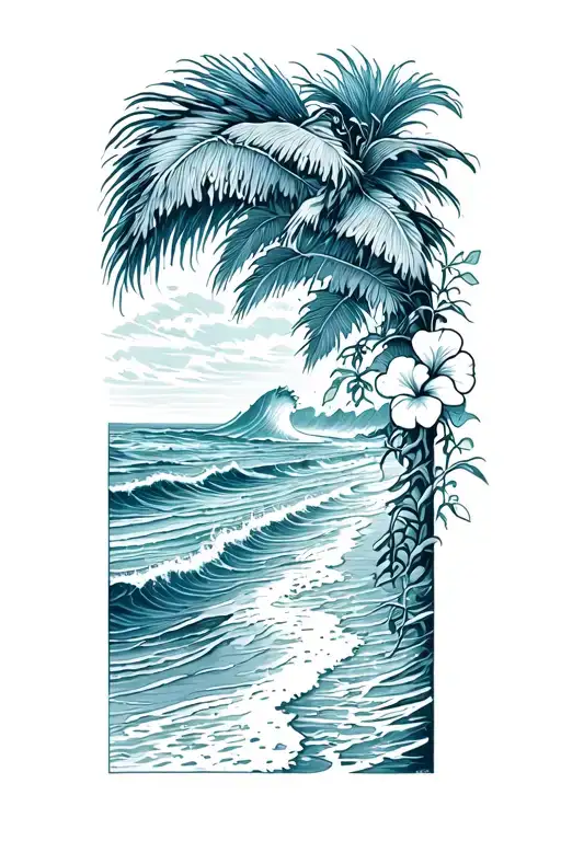Ocean Waves On Beach With Palm And Hibiscus Vine On Right