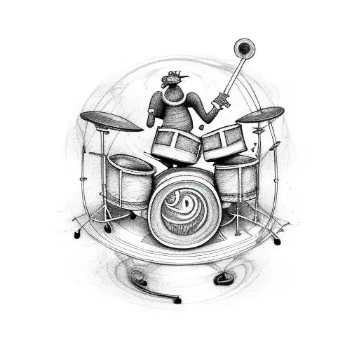 A Lion Playing The Drums Surrounded By Musical Notes And Pokemon Characters