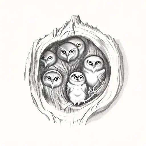 Three Owlets Inside A Hollow Tree With Dates Carved In The Tree