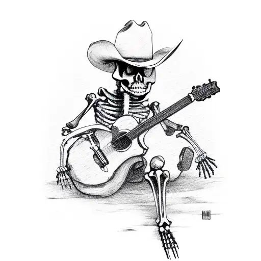 Cowboy Skeleton Sitting On A Log Playing Guitar