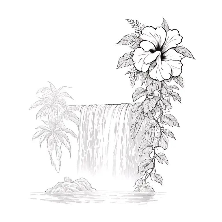 Hawaiin Waterfall With Hibiscus Vine