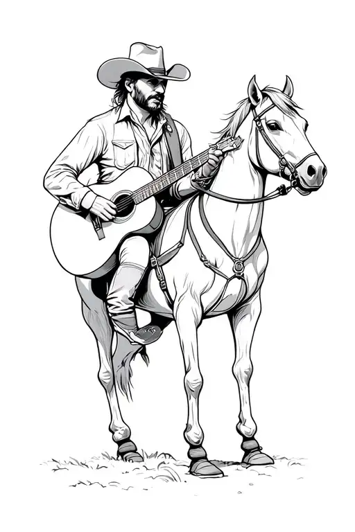 Wild West Outlaw With Horse Playing Guitar