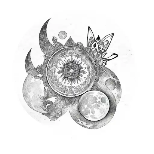 Spine Tattoo Featuring Moon Phases With Lotus Flowers And Butterflies