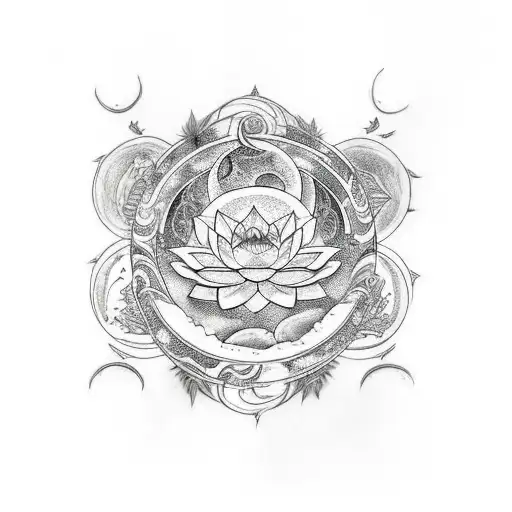 Horizontally Spine Tattoo Featuring Moon Phases With Lotus Flowers And Butterflies