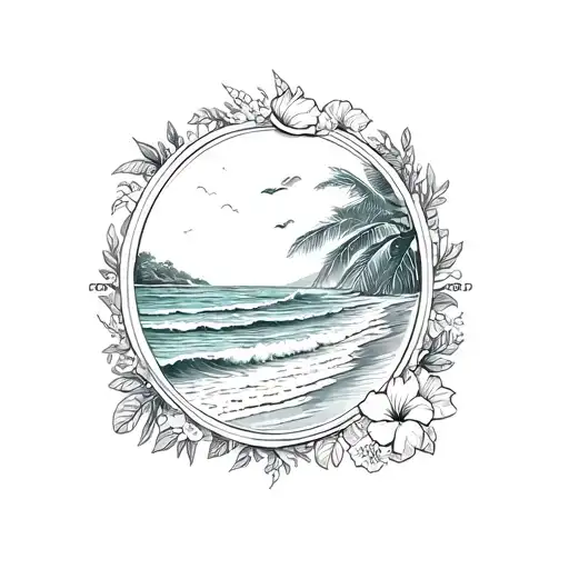 Postage Stamp Frame With Border Waves In A Beach Scene Inside And Hibiscus On Frame