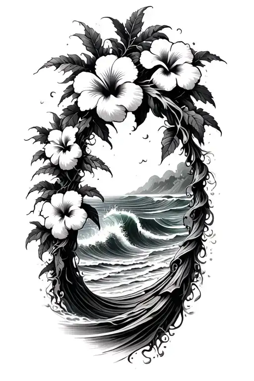 Hibiscus Vine Wrapping Around Waves Crashing On A Beach