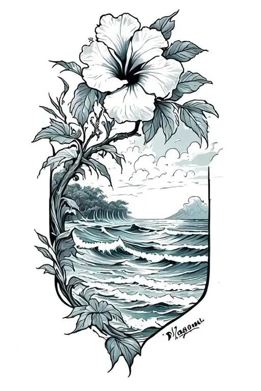Hibiscus Vine On Bottom With Waves Crashing On A Beach