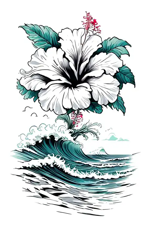 Hibiscus On Bottom With Waves Crashing On A Beach