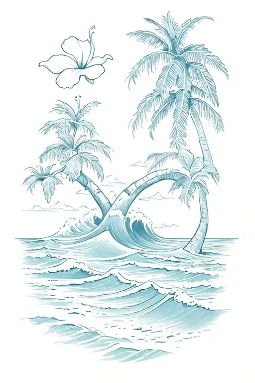 Waves On A Beach With A Banyan Tree And Hibiscus Flower