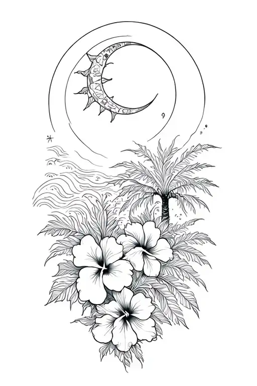 Sun And Moon And Banyan Tree And Hibiscus Flower With Ocean Waves