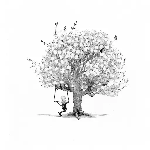 Boy Swinging From Tree Surrounded By Wildflowers