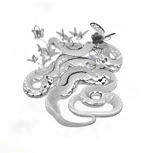 Snake With Flowers And Butterflies In Japanese Style