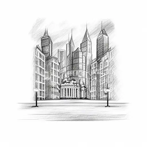 A Sketch Of A Football Field With Buildings In The Background