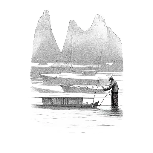 3 People Fishing For Crabs With Boats In Distance