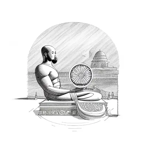 Monk Levitating In Lotus Position With The Library Of Alexandria In The Background