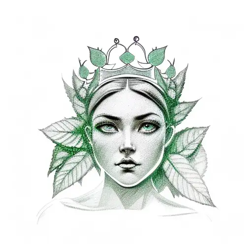 Female Statue With Green Leaves And Band Crown