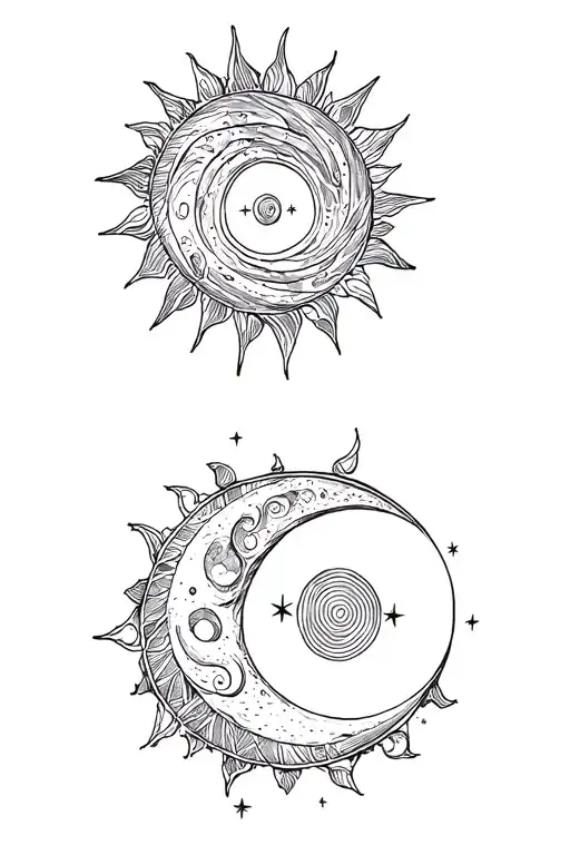 A Sun And Moon With Spiral In Them With Stars Surrounding