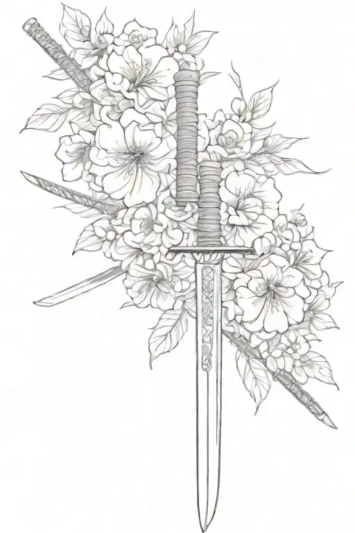Linear Tatto With Katana And Flowers Japanese Style Minimalistic