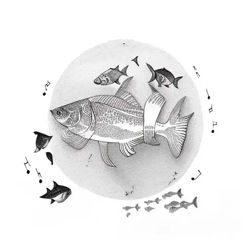 A Surreal Scene Of A Person Eating Meat While Surrounded By Fish And Music Notes