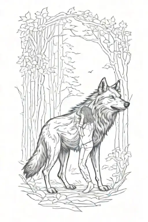 Black Wolf Growling In Forest Scene And Woman Standing