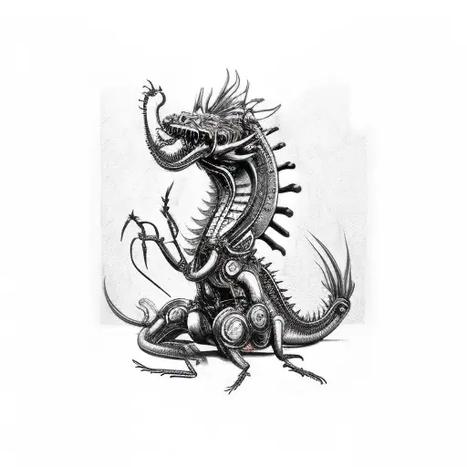 Mechanical Steampunk Robotic Dragon Perfect Body Flow With Red Spider Lillies