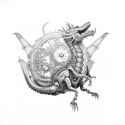 Mechanical Steampunk Robotic Dragon Long Body Perfect Body Flow With Red Spider Lillies Thigh