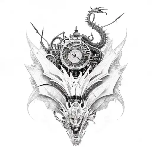 Mechanical Steampunk Robotic Dragon Long Body Perfect Body Flow With Red Spider Lillies Thigh