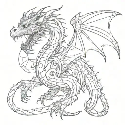 A Sketch Of A Cybernetic Dragon Intertwined With Circuit Patterns