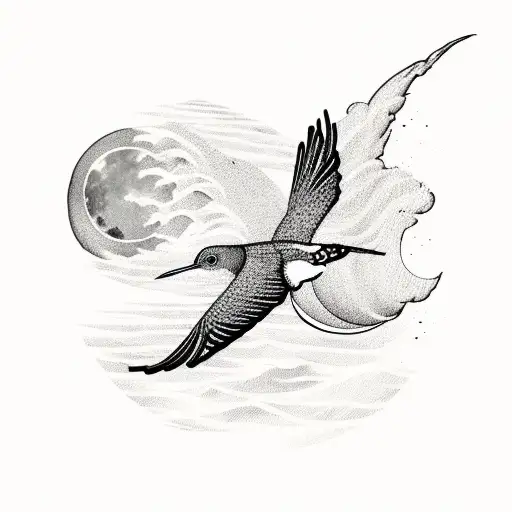 A Hoopoe Bird Flying Over A Serene Ocean Landscape With A Crescent Moon In The Sky