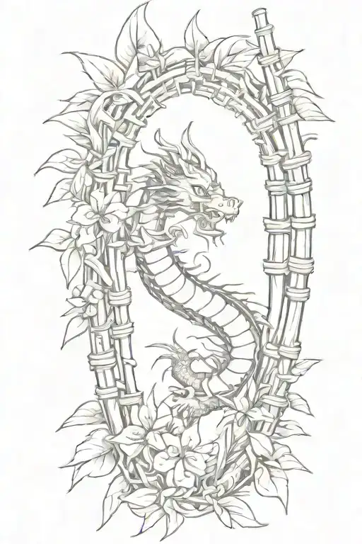 Bamboo Sticks With Leaves And A Japanese Dragon Wrapped